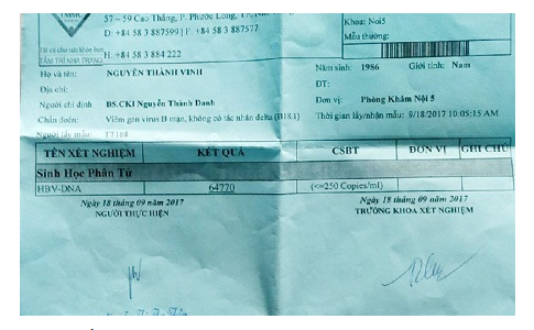Kết quả xét nghiệm của anh Vinh vào ngày 18/9/2017